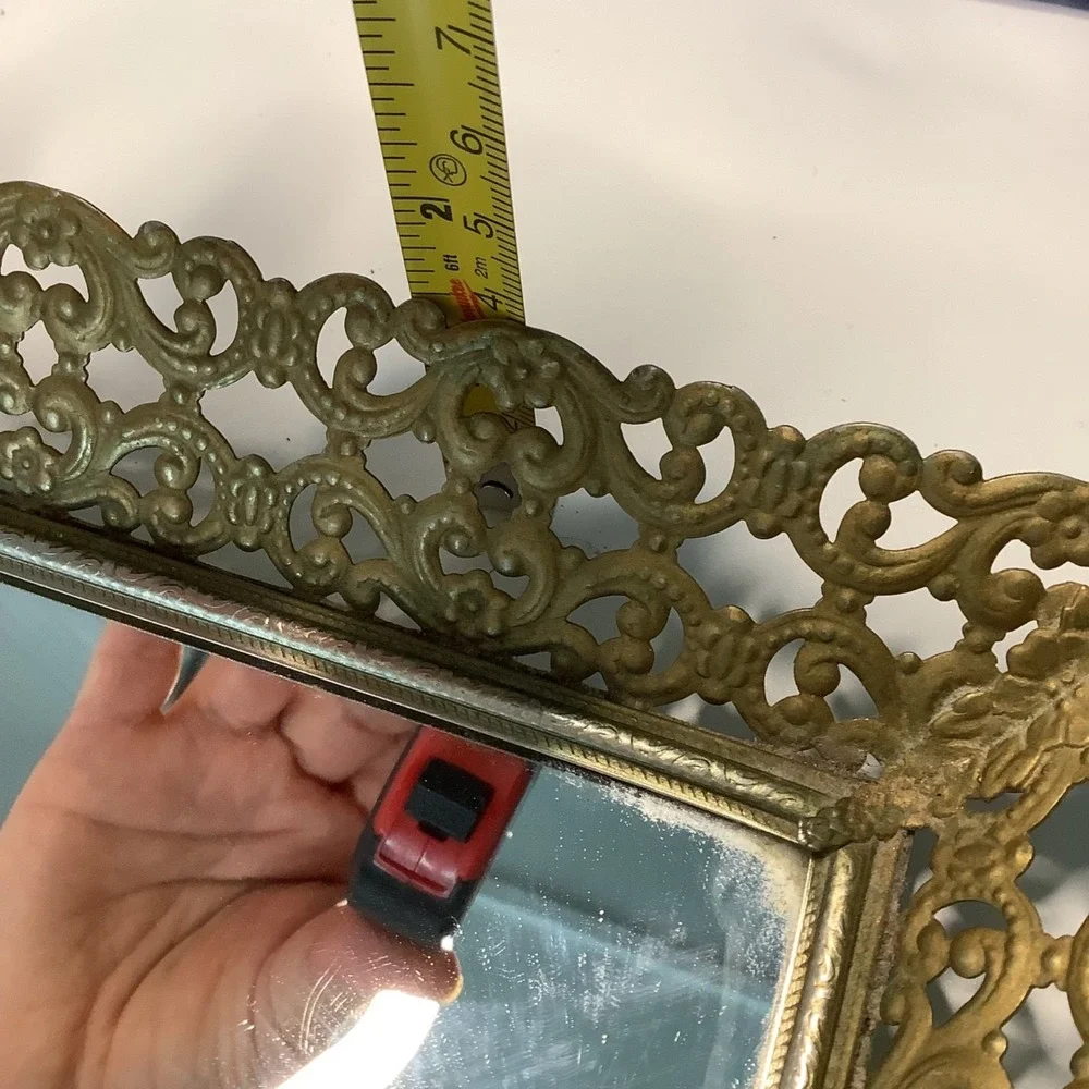 Vintage Mirror Vanity Tray Gold Filigree Metal Rectangle Hollywood Regency MCM